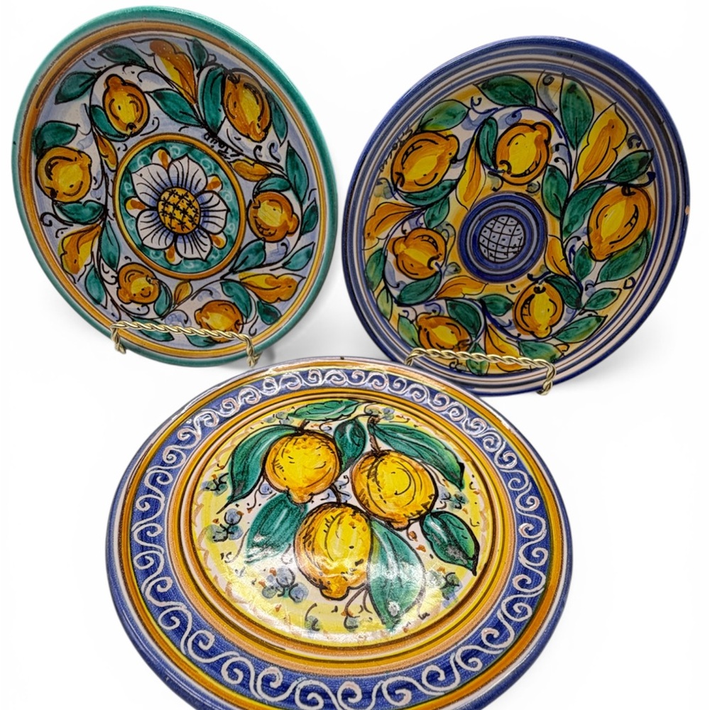 Hand-Painted Lemon Motif Ceramic Plates - Set of 3